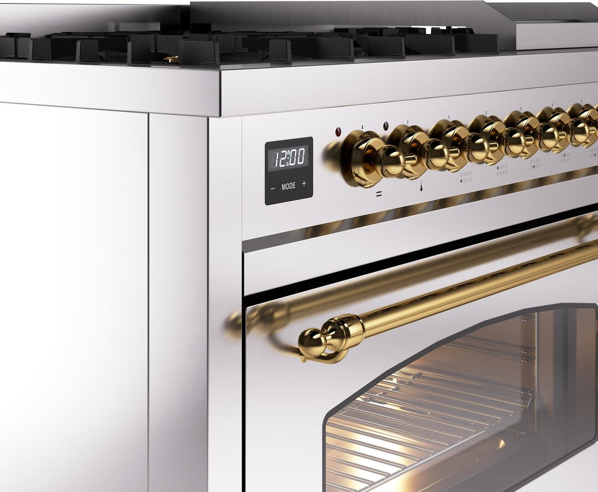 Nostalgie II 48 Inch Dual Fuel Liquid Propane Freestanding Range in Stainless Steel with Brass Trim