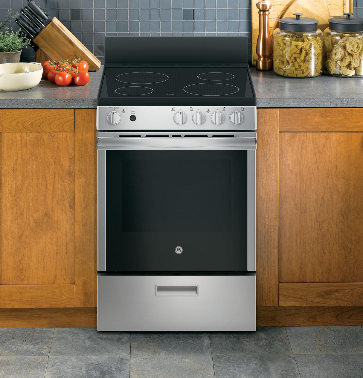 GE® ENERGY STAR® 24" Free-Standing/Slide-in Front Control Range with Steam Clean and Large Window