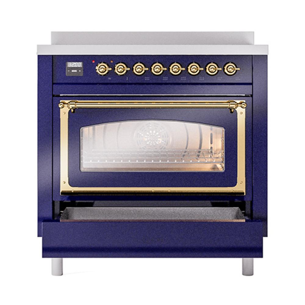 ILVE UNI366NMPMBG Nostalgie II Noblesse 36 inch Induction Range (Triple Glass Door, Midnight Blue, Brass)