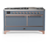 ILVE UM60FQNR3BGPLP Majestic III 60 inch Dual Fuel Range with 9 Burners and Griddle, Dual Function Burner up to 25,000 BTU (Liquid Propane, Solid Door, Blue Grey, Copper)