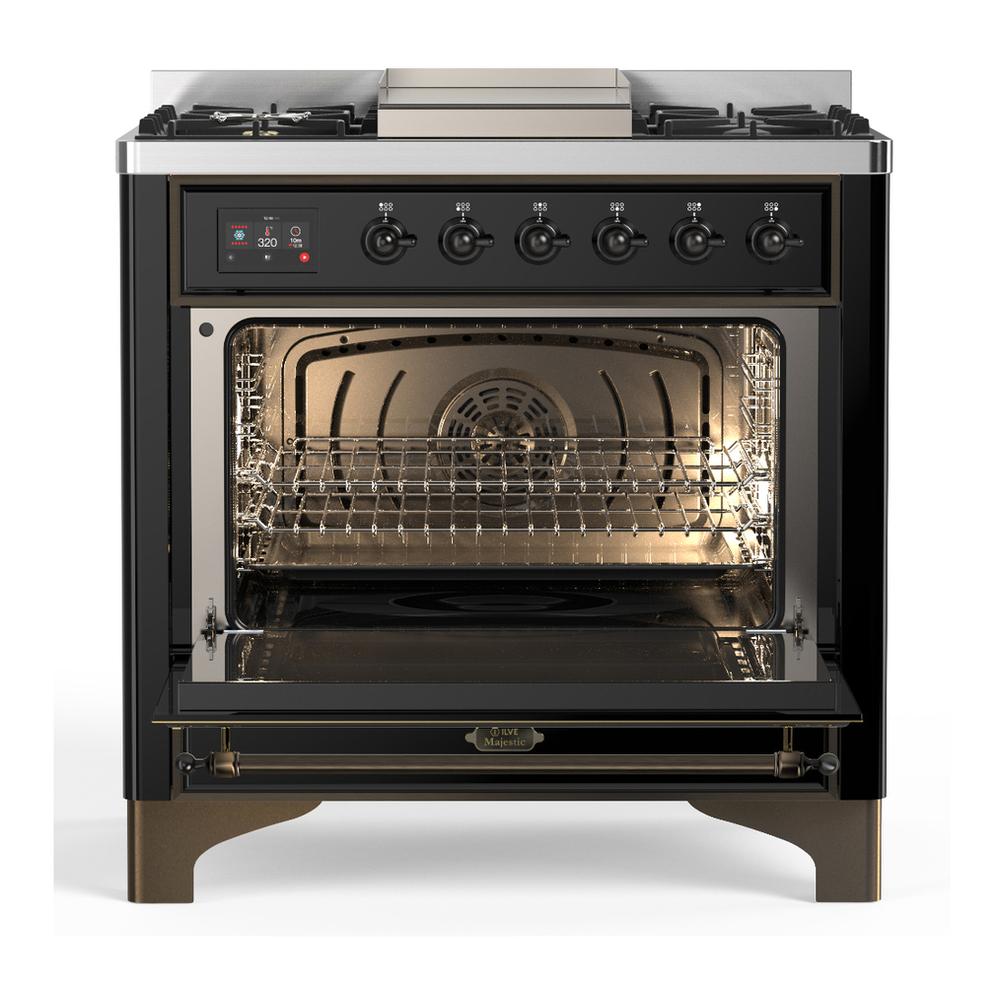 ILVE UM36FQNR3BKBLP Majestic III 36 inch Dual Fuel Range with 6 Black Brass Burners and Griddle, Dual Function Burner up to 25,000 BTU (Solid Door, Glossy Black, Burnished, Liquid Propane)
