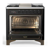 ILVE UM36FQNR3BKBLP Majestic III 36 inch Dual Fuel Range with 6 Black Brass Burners and Griddle, Dual Function Burner up to 25,000 BTU (Solid Door, Glossy Black, Burnished, Liquid Propane)