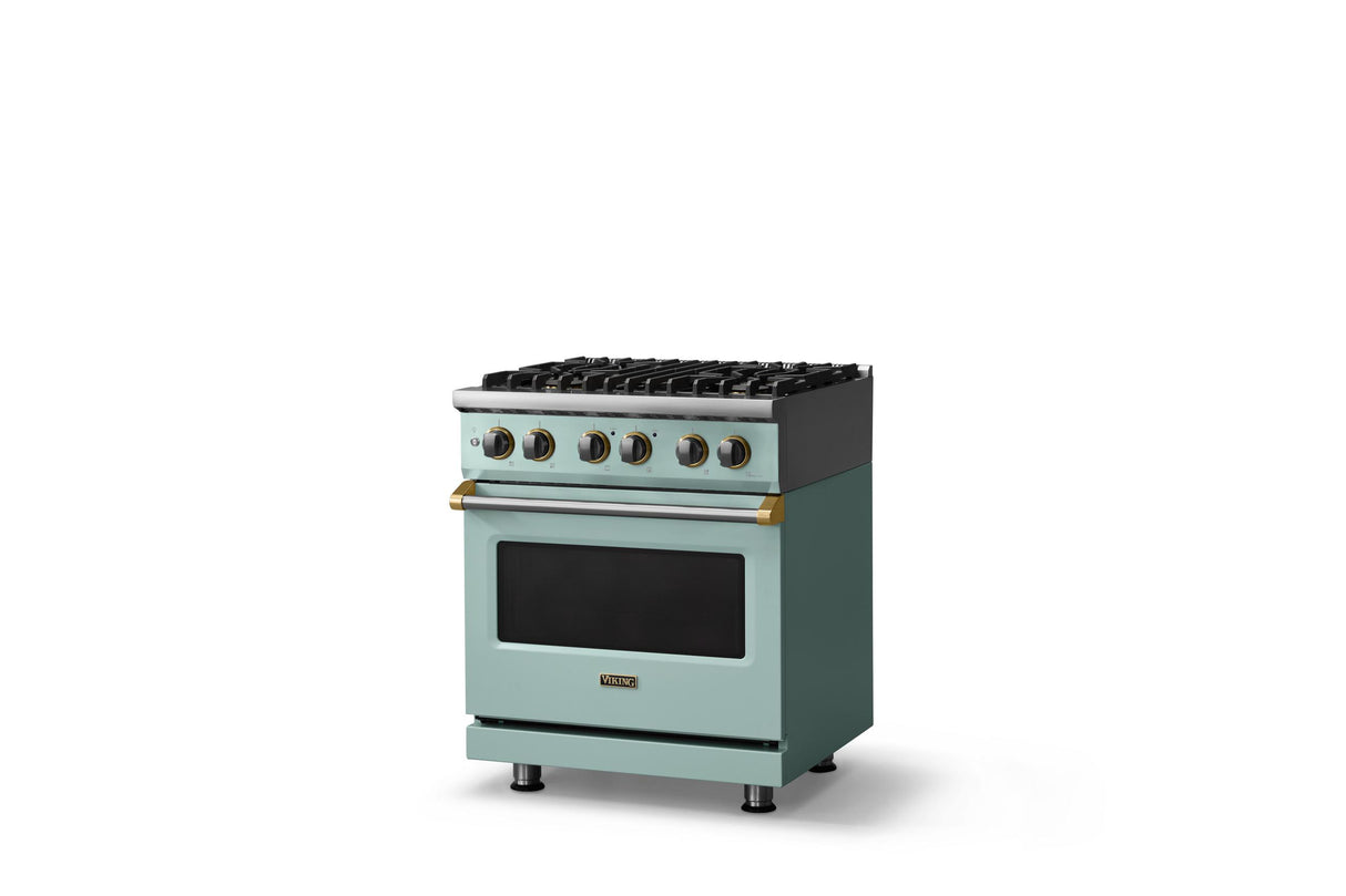30"W. Dual Fuel Range (Finish: Splash, Trim: Brushed Brass, Fuel: Propane)