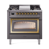 ILVE UN36FNMPMGG Nostalgie II Noblesse 36 inch Dual Fuel Range (Natural Gas, Triple Glass Door, Graphite Matte, Brass)