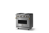 36"W. Sealed Burner Gas Range (Burner: 4g, Finish: Stainless Steel, Trim: Brushed Brass, Fuel: Natural Gas)
