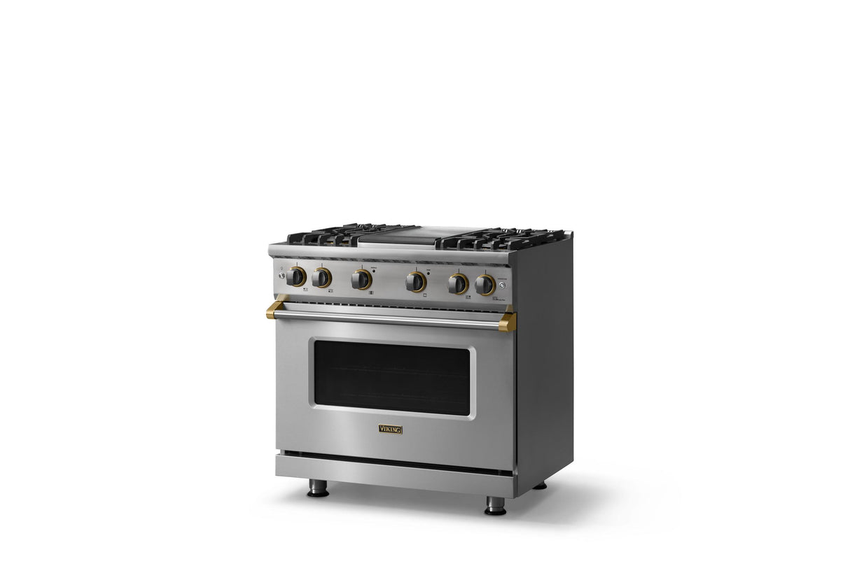 36"W. Sealed Burner Gas Range (Burner: 4g, Finish: Stainless Steel, Trim: Brushed Brass, Fuel: Propane)