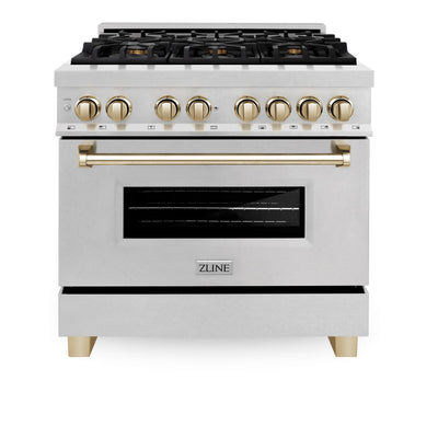 ZLINE Autograph Edition 36 in. 4.6 cu. ft. Dual Fuel Range with Gas Stove and Electric Oven in DuraSnow Stainless Steel with Accents (RASZ-SN-36) [Color: Gold]