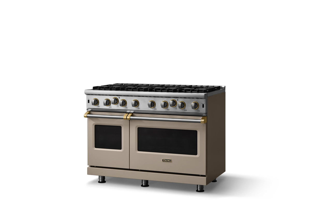 48"W. Open Burner Gas Range (Finish: Nantucket, Trim: Brushed Brass, Fuel: Propane)