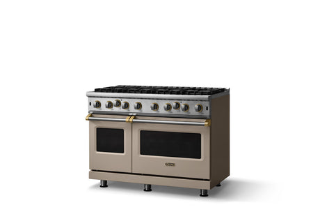 48"W. Open Burner Gas Range (Finish: Nantucket, Trim: Brushed Brass, Fuel: Natural Gas)