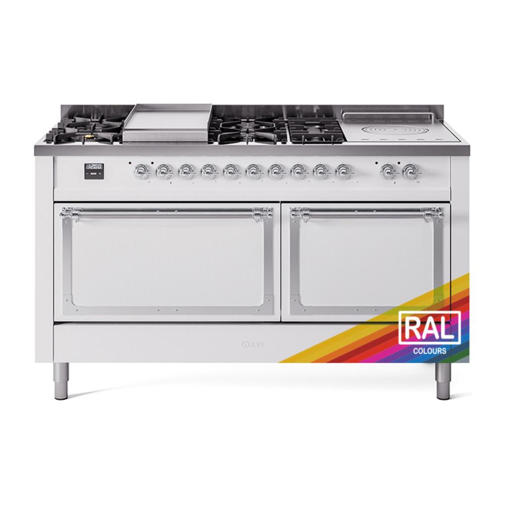 ILVE UN60FSQNMPRACLP Nostalgie II Noblesse 60 inch Dual Fuel Range (7 Sealed Burners + Griddle + French Top, Liquid Propane, Solid Door, RAL, Chrome)