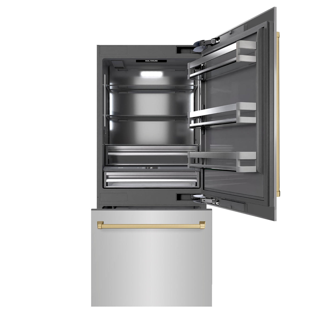 ZLINE Autograph Edition 36 in. 19.8 cu. ft. Built-In Bottom Freezer Refrigerator with Water Dispenser and Ice Maker in Stainless Steel with Graphite Gray Interior and Champagne Bronze Accents (GRBITZ-304-36CB)