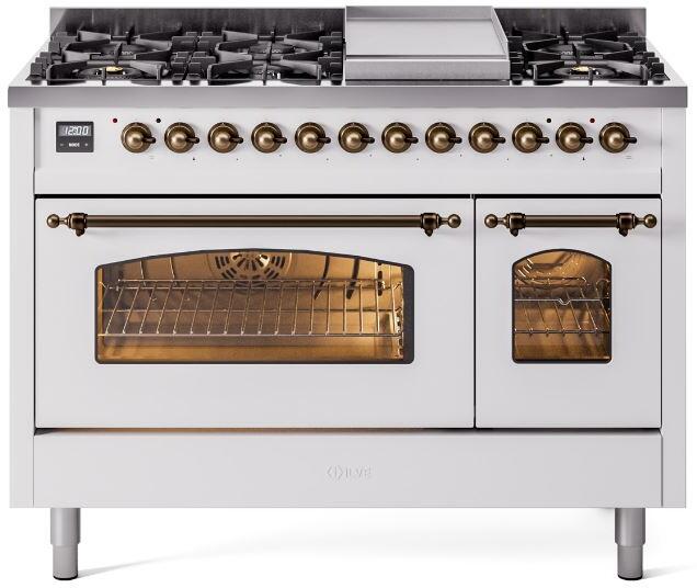 Nostalgie II 48 Inch Dual Fuel Liquid Propane Freestanding Range in White with Bronze Trim