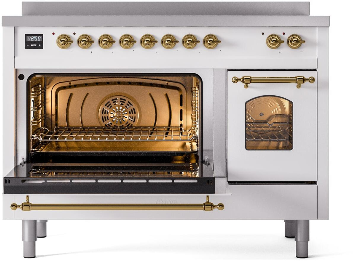 Nostalgie II 48 Inch Electric Freestanding Range in White with Brass Trim