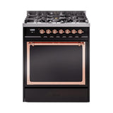 ILVE UN30QNMPBKPLP Nostalgie II Noblesse 30 inch Dual Fuel Range (Liquid Propane, Solid Door, Glossy Black, Copper)