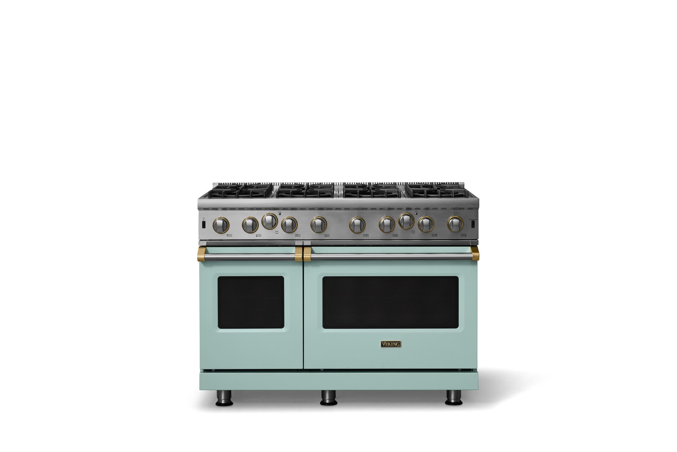 48"W. Open Burner Gas Range (Finish: Splash, Trim: Brushed Brass, Fuel: Natural Gas)