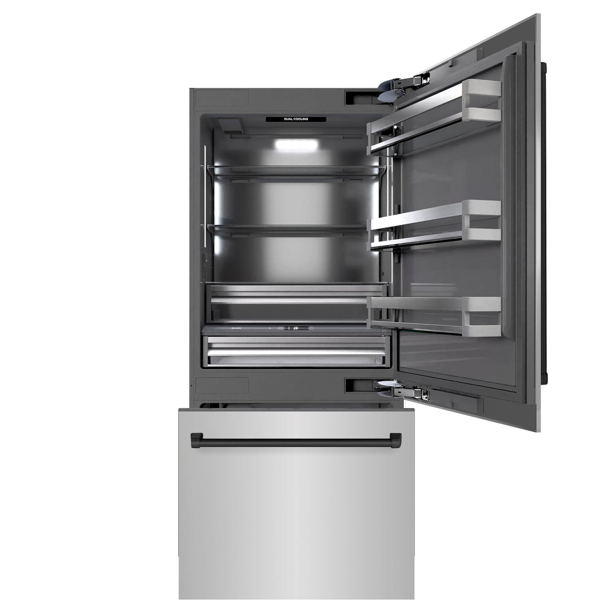 ZLINE Autograph Edition 36 in. 19.8 cu. ft. Built-In Bottom Freezer Refrigerator with Water Dispenser and Ice Maker in Stainless Steel with Graphite Gray Interior and Matte Black Accents (GRBITZ-304-36MB)