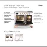 ILVE UMDIB40NR3BKC Majestic III 40 inch Induction Range with 6 Elements, 3.82 cu. ft. Total Oven Capacity (Triple Glass Door, Glossy Black, Chrome)
