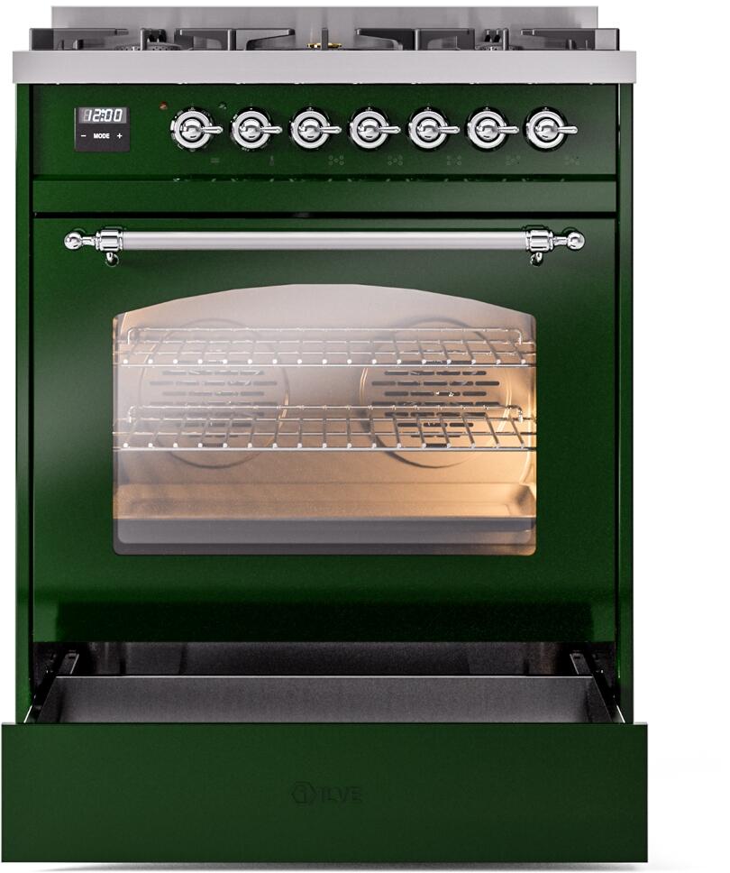 Nostalgie II 30 Inch Dual Fuel Liquid Propane Freestanding Range in Emerald Green with Chrome Trim