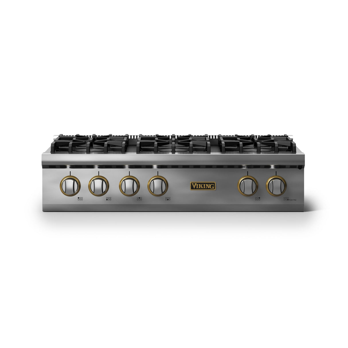 36"W. Gas Rangetop (Burner: 6b, Finish: Stainless Steel, Trim: Brushed Brass, Fuel: Propane)