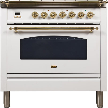 Nostalgie 36 Inch Gas Natural Gas Freestanding Range in White with Brass Trim