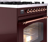 Nostalgie II 30 Inch Dual Fuel Natural Gas Freestanding Range in Burgundy with Copper Trim