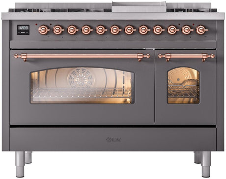 Nostalgie II 48 Inch Dual Fuel Liquid Propane Freestanding Range in Matte Graphite with Copper Trim