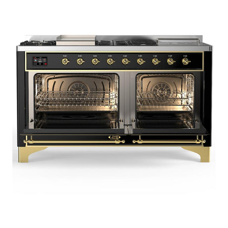 ILVE UM60FSNR3BKG Majestic III 60 inch Dual Fuel Range with 7 Burners, Griddle and French Top, Dual Function Burner with up to 25,000 BTU (Natural Gas, Triple Glass Door, Glossy Black, Brass)