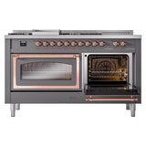 ILVE UN60FSNMPMGP Nostalgie II Noblesse 60 inch Dual Fuel Range (7 Sealed Burners + Griddle + French Top, Natural Gas, Triple Glass Door, Graphite Matte, Copper)