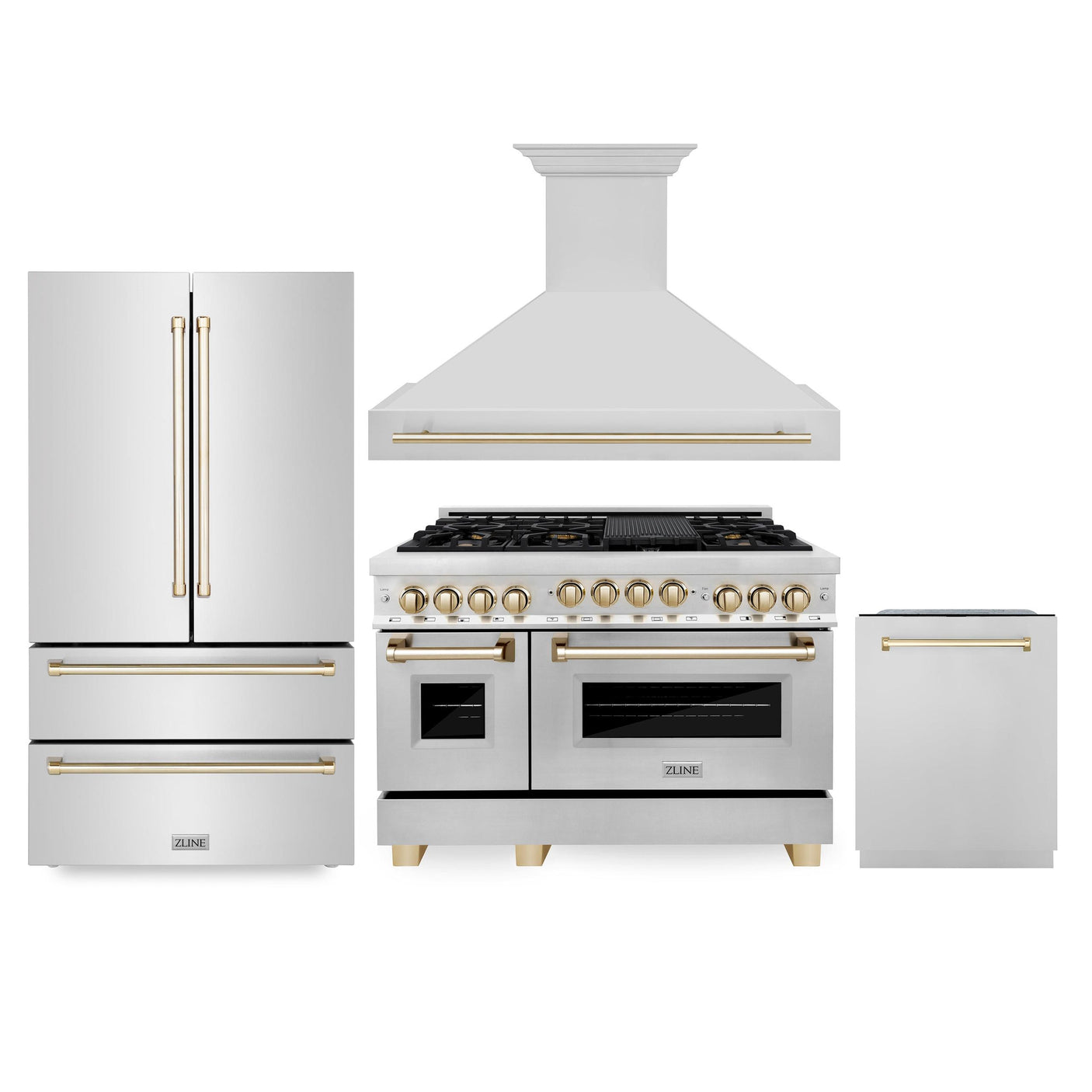 ZLINE 48" Autograph Edition Kitchen Package with Stainless Steel Gas Range, Range Hood, Dishwasher and Refrigeration with Gold Accents (4AKPR-RGRHDWM48-G)