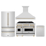 ZLINE 48" Autograph Edition Kitchen Package with Stainless Steel Gas Range, Range Hood, Dishwasher and Refrigeration with Gold Accents (4AKPR-RGRHDWM48-G)
