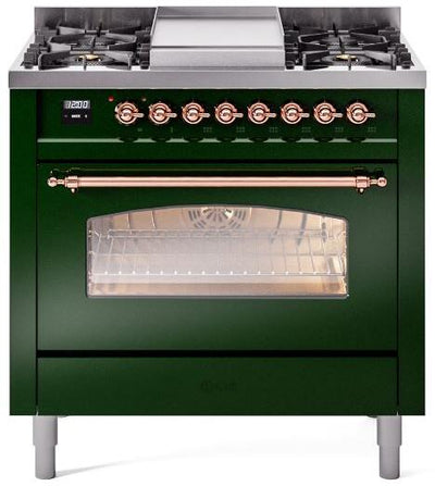Nostalgie II 36 Inch Dual Fuel Natural Gas Freestanding Range in Emerald Green with Copper Trim