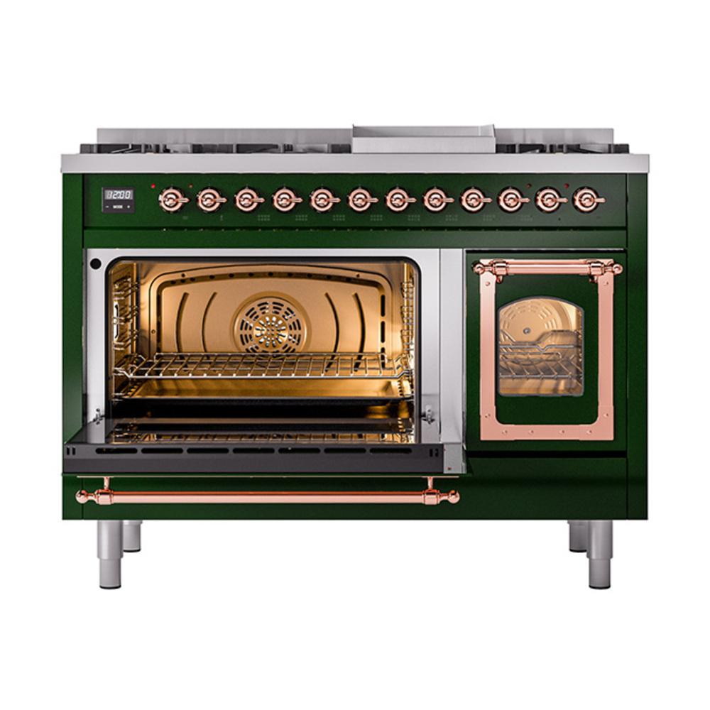 ILVE UN48FNMPEGP Nostalgie II Noblesse 48 inch Dual Fuel Range (8 Sealed Burners + Griddle, Natural Gas, Triple Glass Door, Emerald Green, Copper)