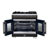 Forno Capriasca 36 Inch Freestanding French Door Dual Fuel Range in Black with Antique Brass Accessories, 6 Burners, True Convection Oven