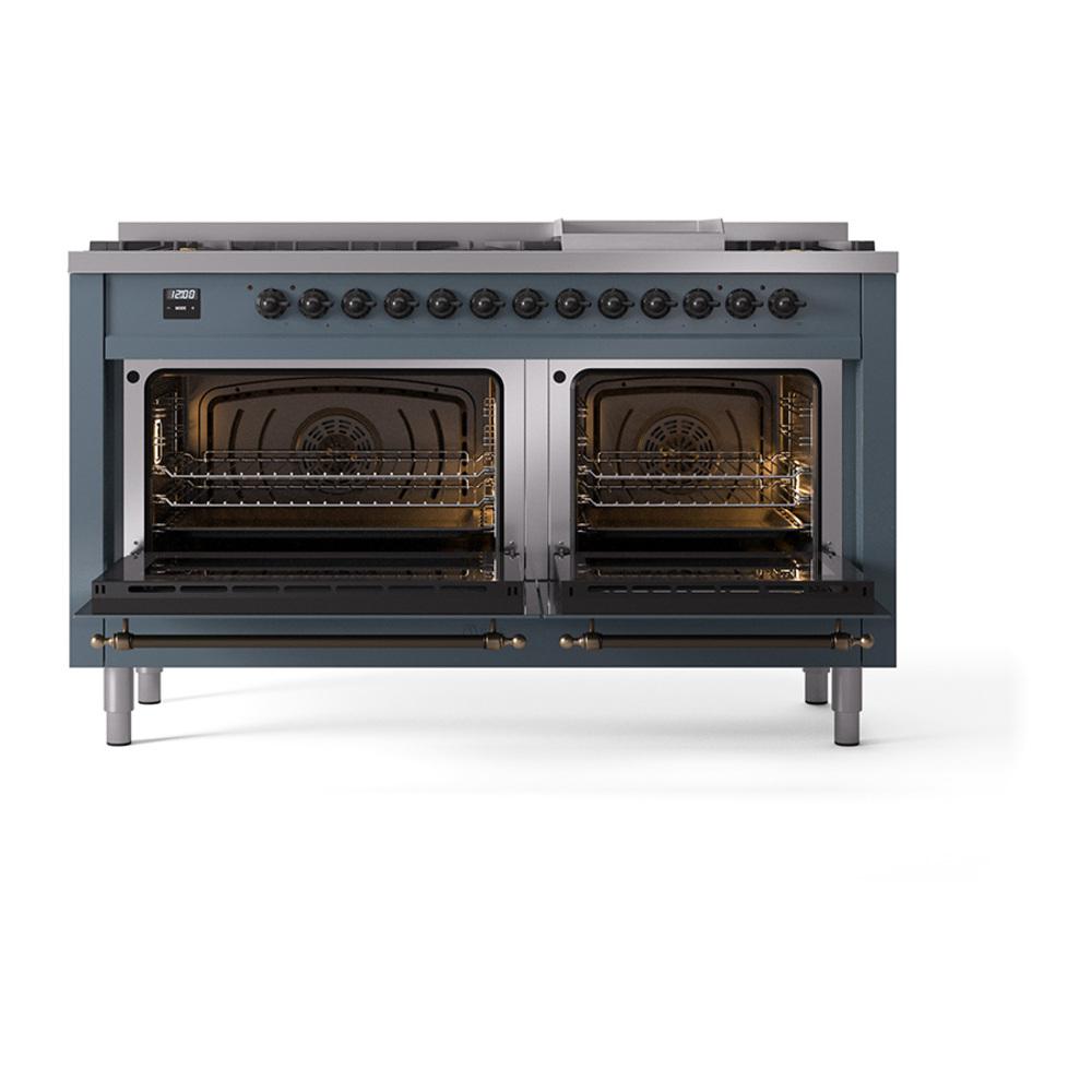 ILVE UN60FNMPBGB Nostalgie II Noblesse 60 inch Dual Fuel Range (9 Sealed Burners + Griddle, Natural Gas, Triple Glass Door, Blue Grey, Burnished)