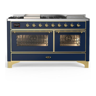 ILVE UM60FSNR3MBGLP Majestic III 60 inch Dual Fuel Range with 7 Burners, Griddle and French Top, Dual Function Burner with up to 25,000 BTU (Liquid Propane, Triple Glass Door, Midnight Blue, Brass)