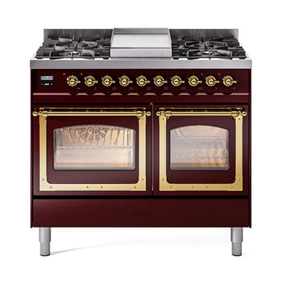 ILVE UND40FNMPBUGLP Nostalgie II Noblesse 40 inch Dual Fuel Range (Liquid Propane, Triple Glass Door, Burgundy, Brass)