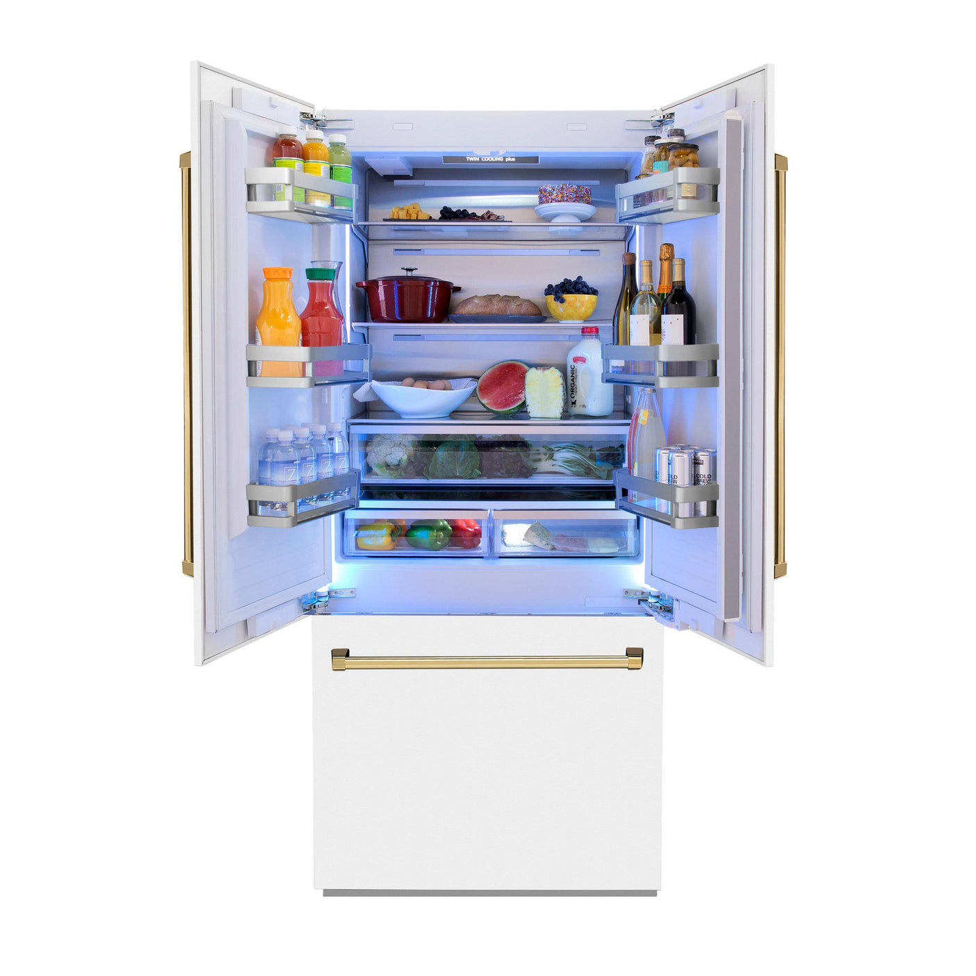 ZLINE 36" Autograph Edition 19.6 cu. ft. Built-in 3-Door French Door Refrigerator with Internal Water and Ice Dispenser in White Matte with Polished Gold Accents (RBIVZ-WM-36-G)