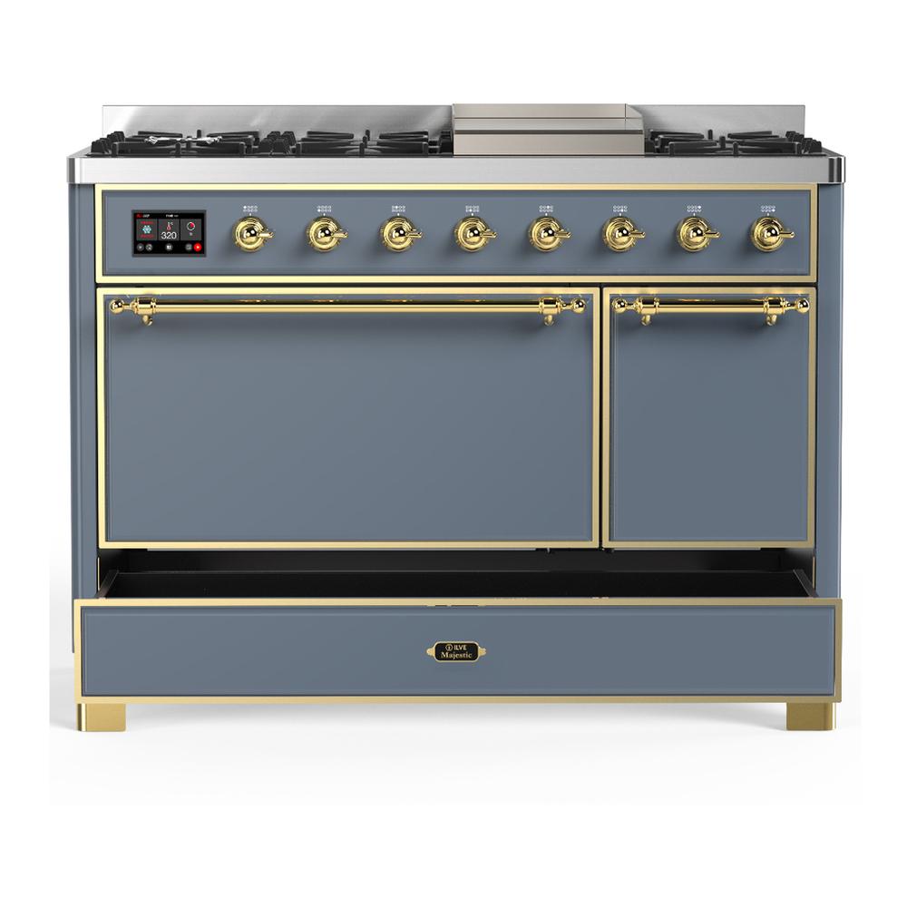 ILVE UM48FQNR3BGGLP Majestic III 48 inch Dual Fuel Range with 8 Burners and Griddle, Dual Function Burner up to 25,000 BTU (Liquid Propane, Solid Door, Blue Grey, Brass)