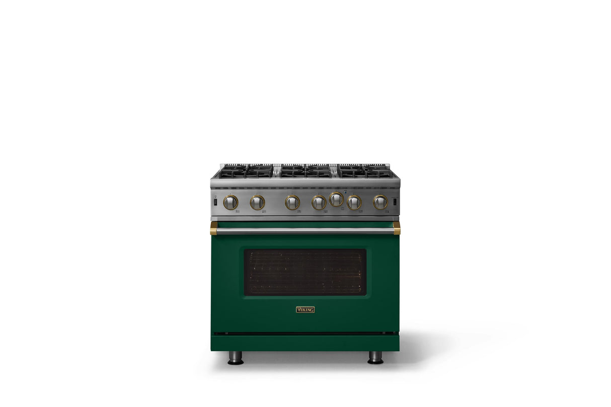 36"W. Open Burner Gas Range (Finish: Ivy, Trim: Brushed Brass, Fuel: Natural Gas)
