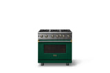 36"W. Open Burner Gas Range (Finish: Ivy, Trim: Brushed Brass, Fuel: Natural Gas)
