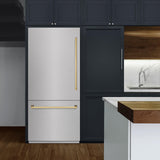 ZLINE Autograph Edition 36 in. 19.8 cu. ft. Built-In Bottom Freezer Refrigerator with Water Dispenser and Ice Maker in DuraSnow' Stainless Steel and Polished Gold Accents (RBITZ-SN-36-G)