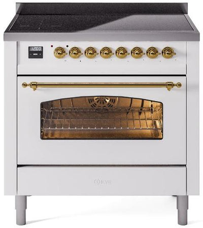 Nostalgie II 36 Inch Electric Freestanding Range in White with Brass Trim