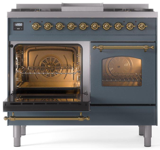 Nostalgie II 40 Inch Dual Fuel Liquid Propane Freestanding Range in Blue Grey with Brass Trim