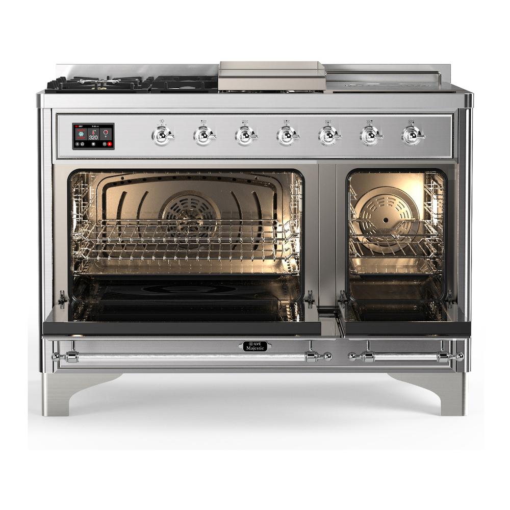 ILVE UM48FSNR3SSCLP Majestic III 48 inch Dual Fuel Range with 5 Black Brass Burners, Griddle and French Top, Dual Function Burner up to 25,000 BTU (Liquid Propane, Triple Glass Door, Stainless Steel, Chrome)