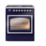 ILVE UN30NMPMBCLP Nostalgie II Noblesse 30 inch Dual Fuel Range (Liquid Propane, Triple Glass Door, Midnight Blue, Chrome)