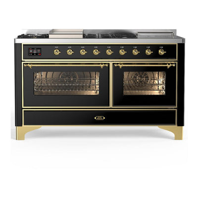 ILVE UM60FSNR3BKGLP Majestic III 60 inch Dual Fuel Range with 7 Burners, Griddle and French Top, Dual Function Burner with up to 25,000 BTU (Liquid Propane, Triple Glass Door, Glossy Black, Brass)