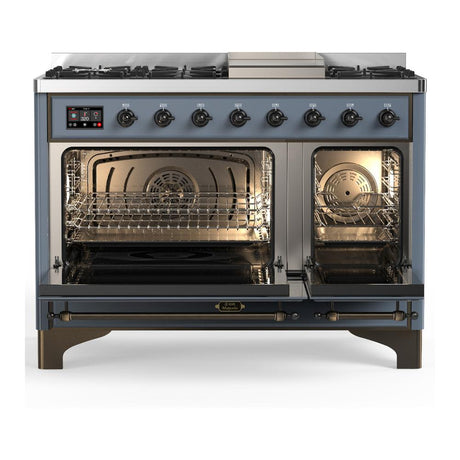 ILVE UM48FNR3BGB Majestic III 48 inch Dual Fuel Range with 8 Burners and Griddle, Dual Function Burner up to 25,000 BTU (Natural Gas, Triple Glass Door, Blue Grey, Burnished)