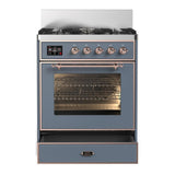 ILVE UM30NR3BGP Majestic III 30 inch Dual Fuel Range with 5 Black Brass Burners, Dual Function Burner up to 25,000 BTU (Natural Gas, Triple Glass Door, Blue Grey, Copper)