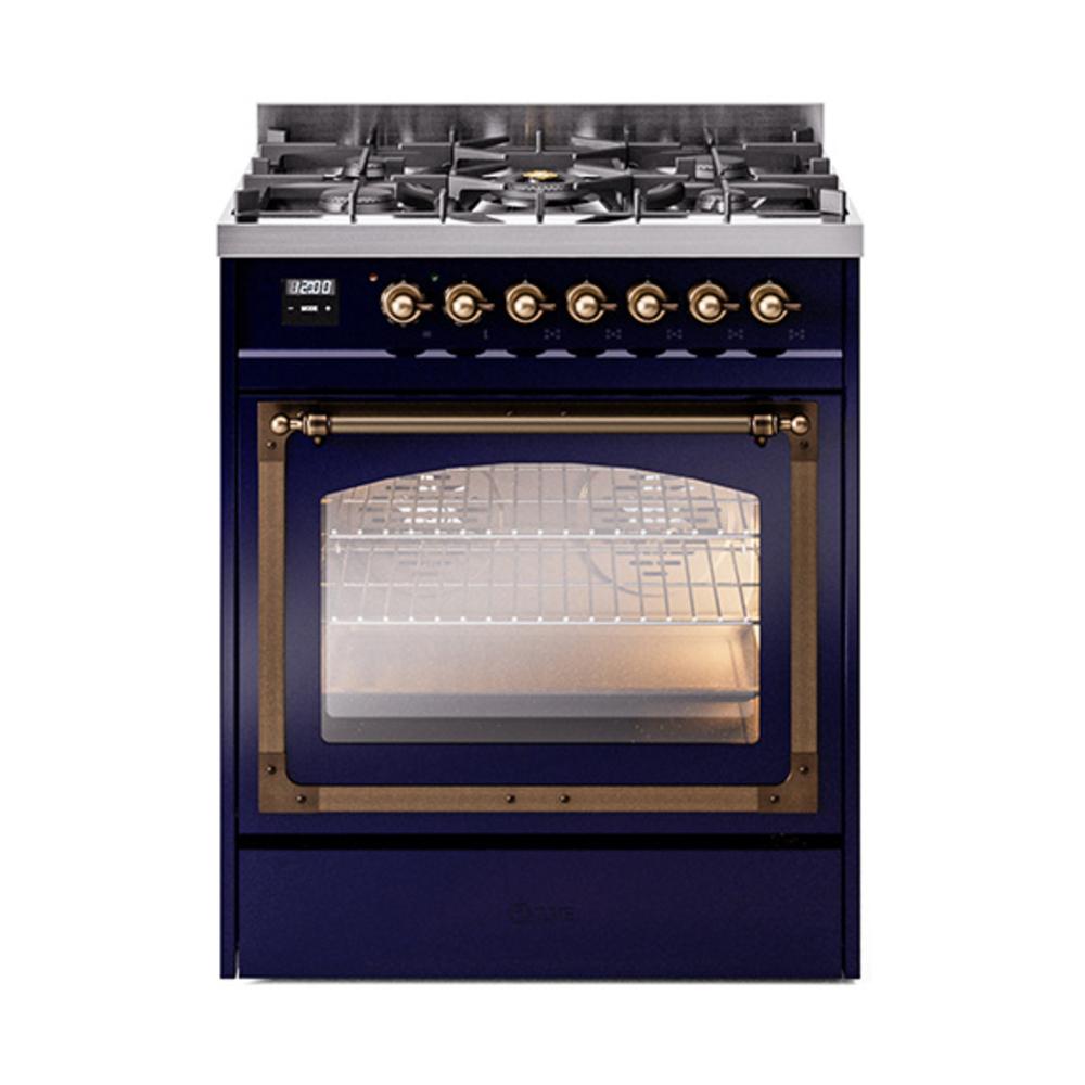 ILVE UN30NMPMBB Nostalgie II Noblesse 30 inch Dual Fuel Range (Natural Gas, Triple Glass Door, Midnight Blue, Burnished)