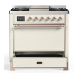 ILVE UM36FQNR3AWPLP Majestic III 36 inch Dual Fuel Range with 6 Black Brass Burners and Griddle, Dual Function Burner up to 25,000 BTU (Solid Door, Antique White, Copper, Liquid Propane)